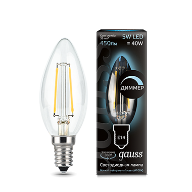 Лампа Gauss LED 103801205-D Filament Свеча E14 димм. 5W(580lm) 4100K