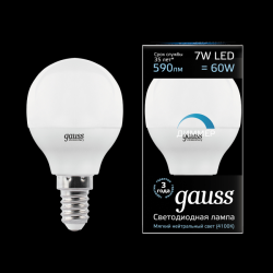 Лампа Gauss LED 105101207-D Шар G45 E14 диммир. 7W 4000K