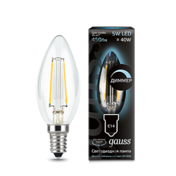 Лампа Gauss LED 103801205-D Filament Свеча E14 димм. 5W(580lm) 4100K