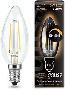 Лампа Gauss 103801105-D LED Filament Candle dimmable E14 5W 2700К 1/10/50