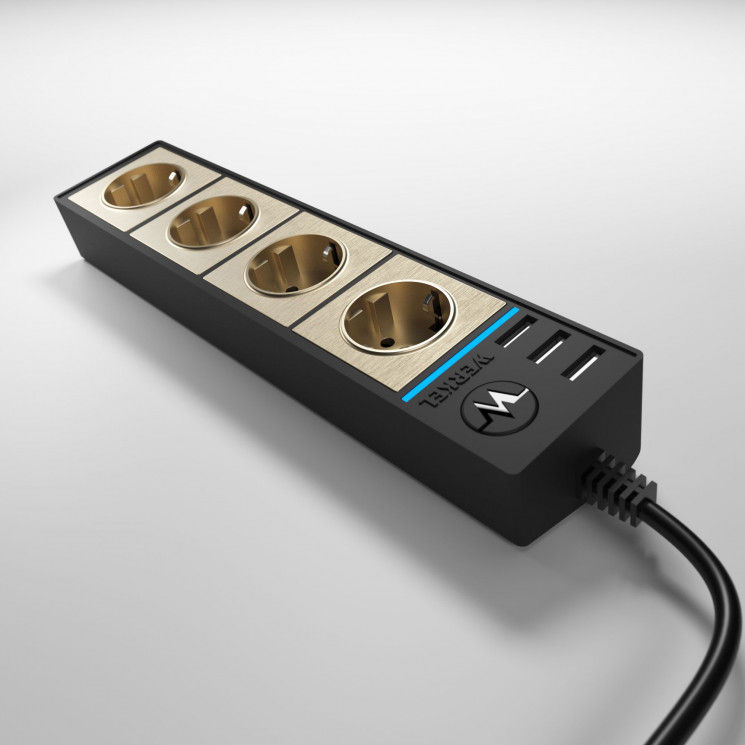 Розеточный блок 4-х местный + 3 USB черный/шампань рифленый W6514944 Werkel