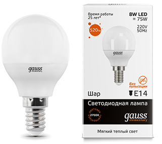 Светодиодная лампа GAUSS ELEMENTARY 53118 Шар 8W E14 520lm 3000K