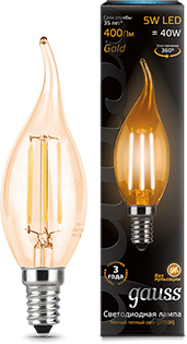 Лампа Gauss 104801005 LED Filament Свеча на ветру E14 5W 400lm 2700K Golden
