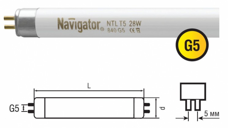 Лампа люминесцентная Navigator 94109 NTL-T5-21-840-G5(Ск)