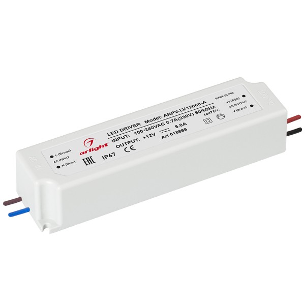 Блок питания Arlight ARPV-LV12060-A (12V, 5.0A, 60W) (ARL, IP67 Пластик, 3 года) 018969