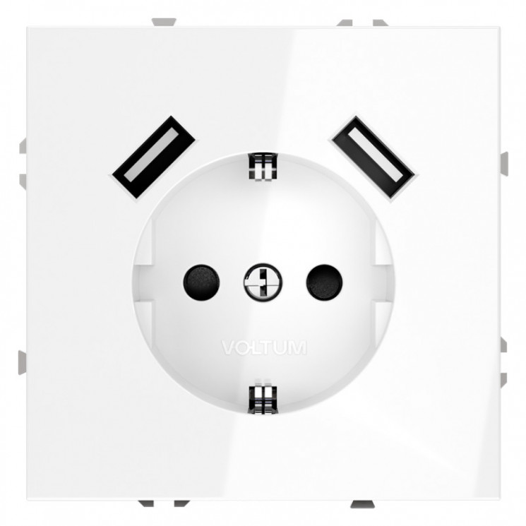 Розетка встраиваемая S70 с заземлением и защитными шторками, 16А, с USB, A+A VOLTUM VLS040401 белый глянец