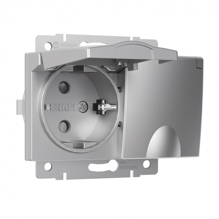 Розетка двойная влагозащ. с зазем. с защит. крышками и шторками (серебряный) W1172206 Werkel