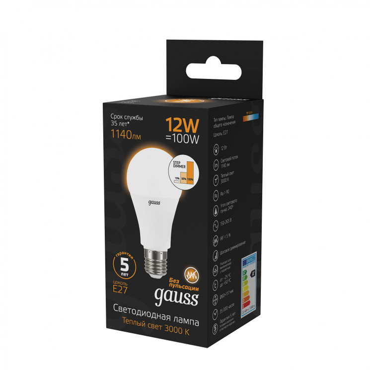 Светодиодная лампа Gauss A60 12W 1140Lm 3000K E27 102502112-S