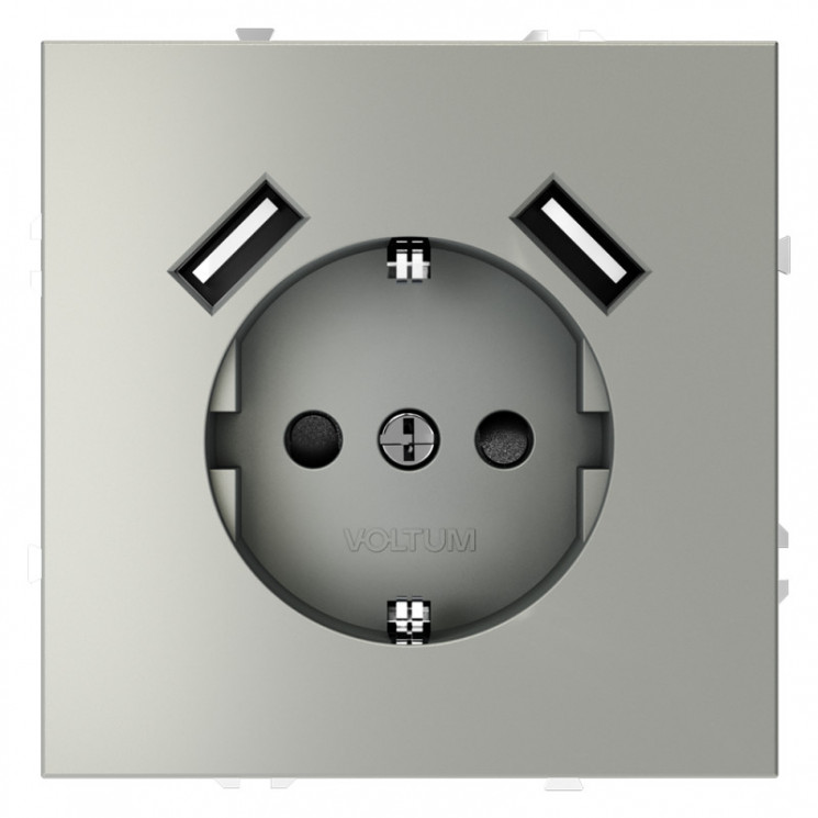 Розетка встраиваемая S70 с заземлением и защитными шторками, 16А, с USB, A+A VOLTUM VLS040405 сталь