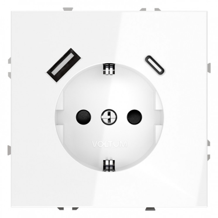 Розетка встраиваемая S70 с заземлением и защитными шторками, 16А, с USB, A+С VOLTUM VLS040501 белый глянец