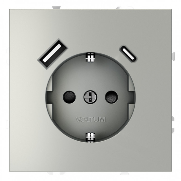 Розетка встраиваемая S70 с заземлением и защитными шторками, 16А, с USB, A+С VOLTUM VLS040505 сталь