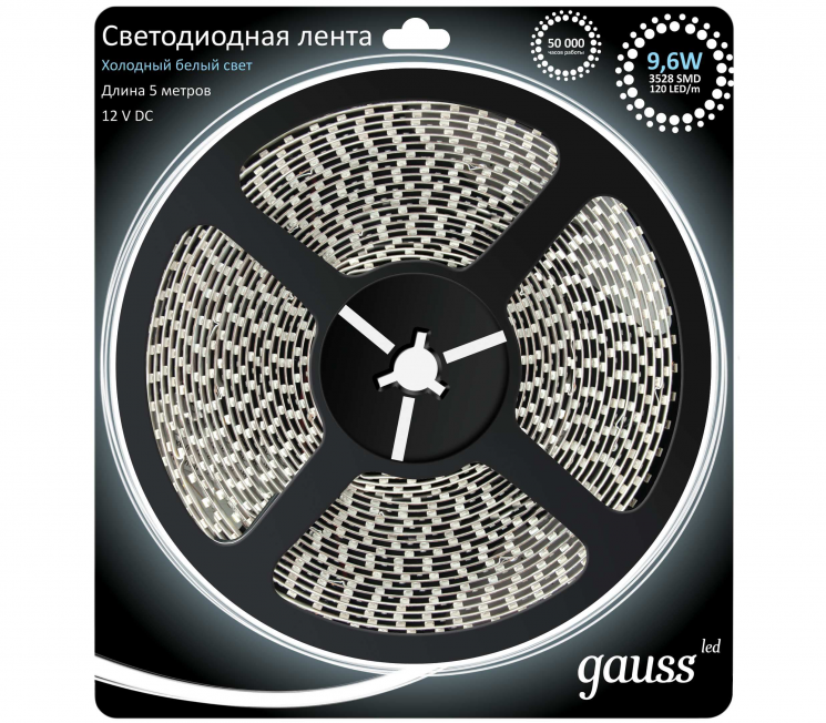 Светодиодная лента Gauss 112V 9.6W/m 120Led/m IP20 холодный 6500K 5м 576Lm/m 6K (интер) SMD2835 312000310