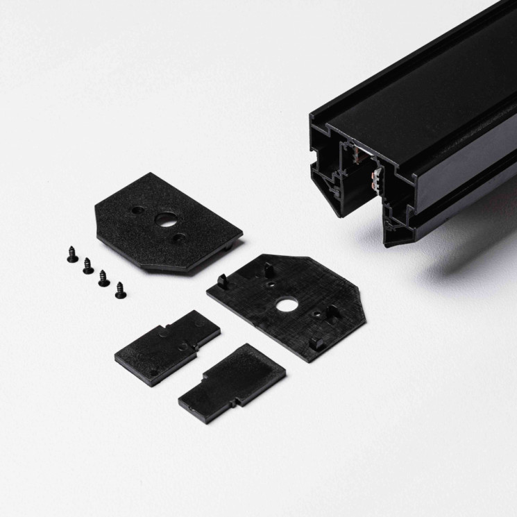 Магнитный трековый шинопровод 48V для натяжных потолков Terra MKT-3R2-300-B 3м, с внутренней боковой заглушкой + комплект внешних и внутренних торцевых заглушек, Черный Mikami