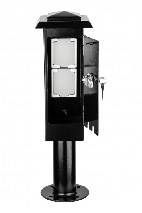 Уличная розетка на ножке 1-465 Bl 10х10х46,5(D основания 16,5 см) 2 гнезда IP55 сталь черный