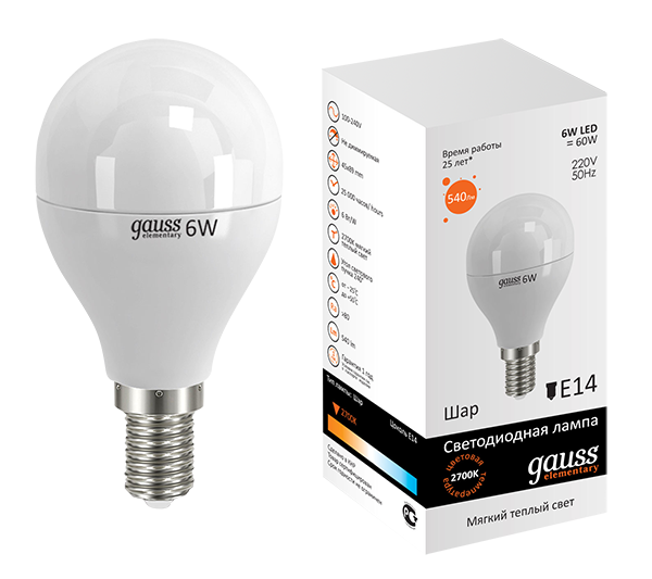 Лампа Gauss LED Elementary LD53116 6W E14 2700K
